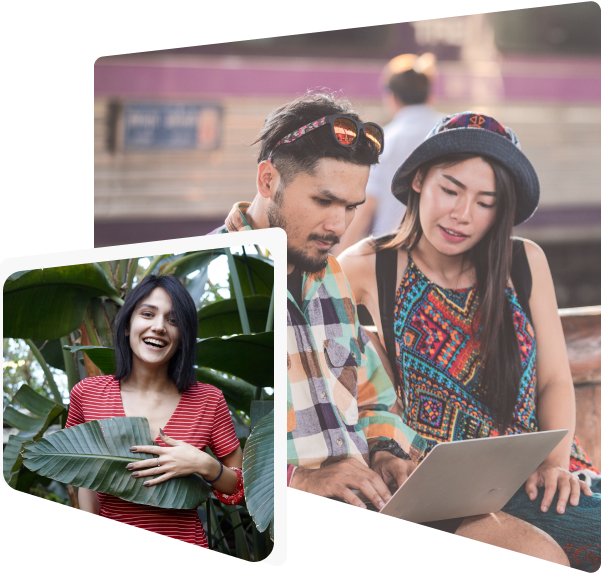 A girl enjoying Costa Rican greenery, and two friends smiling while using a laptop.